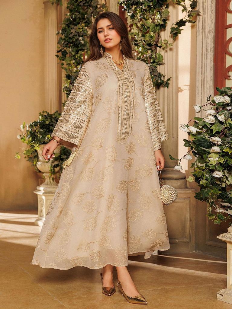 Spring/Summer Tassel Leaf Embroidered Muslim Long Dress - Elegant & Fashionable Cover-up Robe