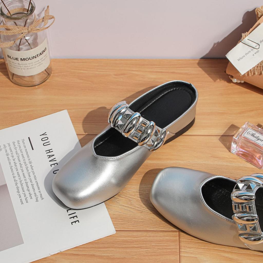 Summer new bag head cool slippers women wear high-end temperament square head women's shoes inner height increase silver Mary Jane shoes