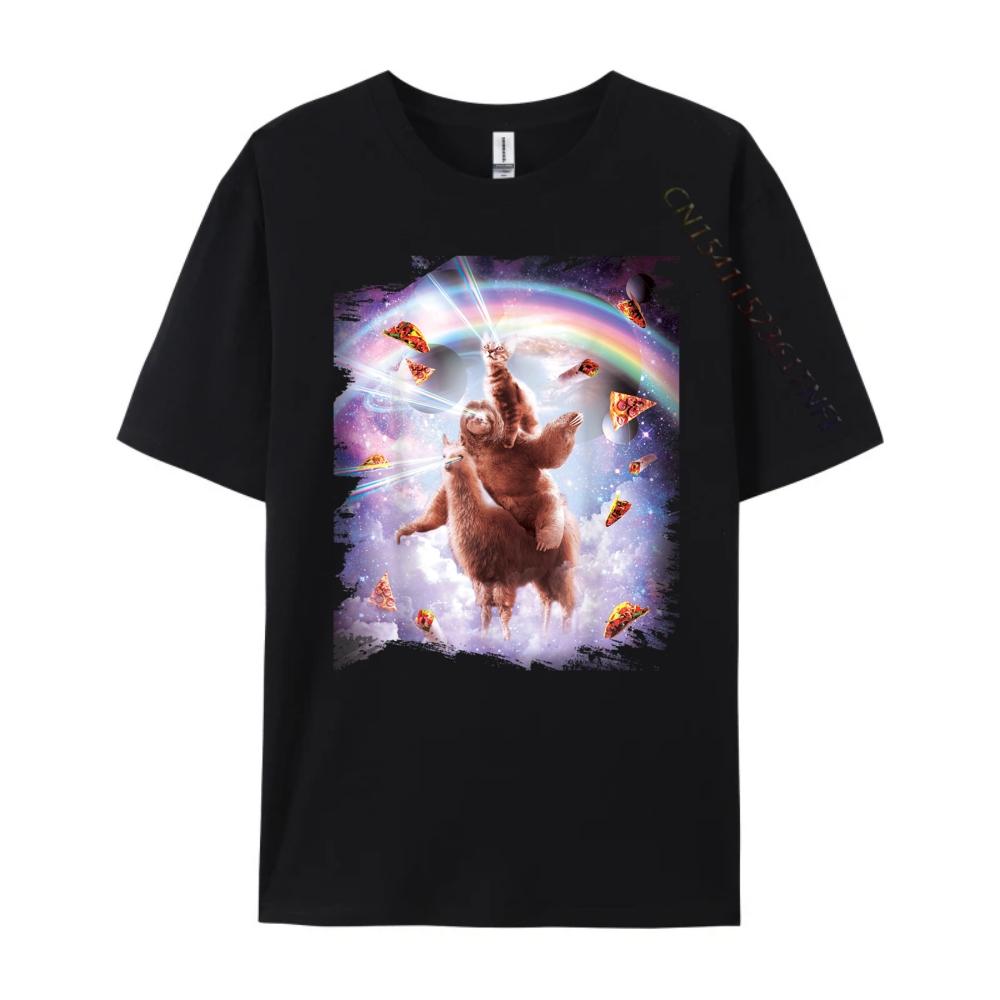 Laser Eyes Space Cat Riding Sloth Llama  Rainbow Shirts Graphic Tee White T Shirt Men