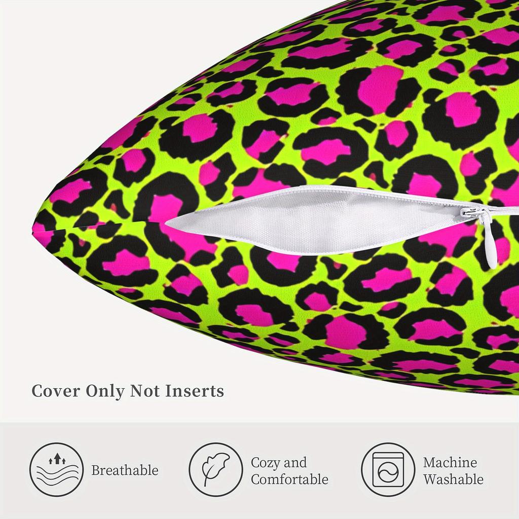1Pc Vibrant Neon Green & Pink Leopard Print Decorative Pillow Cover - Cozy Polyester, Zipper Closure, Machine Washable For Livin