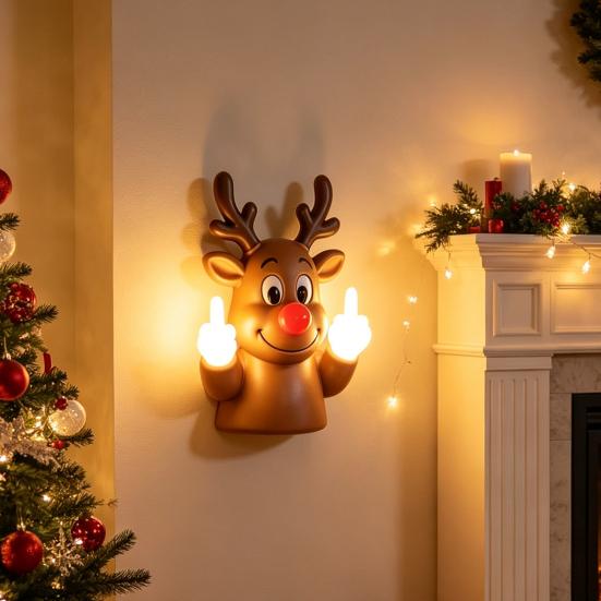 Funny Gifts for Adults Christmas Middle Finger Light, Naughty Santa Claus Reindeer Giving Lamp with LED Decorative Resin Figurine Warm Glow, Wall And