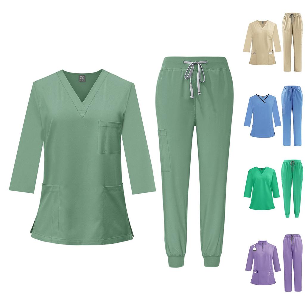 Women's Quick Drying Fabric Solid Color V-neck Pocket Three-quarters Sleeve Pants Set Workwear