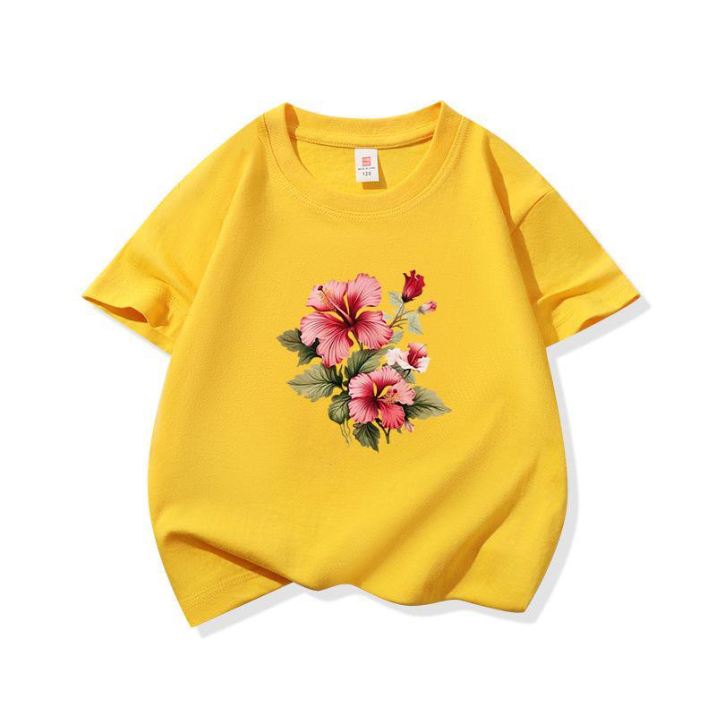 Kids Cotton T Shirt Pink Hibiscus Flower Print Crew Neck Short Sleeve Tee Casual Breathable Boys Girls Summer Tops