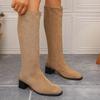 Fashion New Style of Suede Round-toed Chunky High Boots, Chunky Round-toed Boots That Don't Reach the Knees, Slim Boots