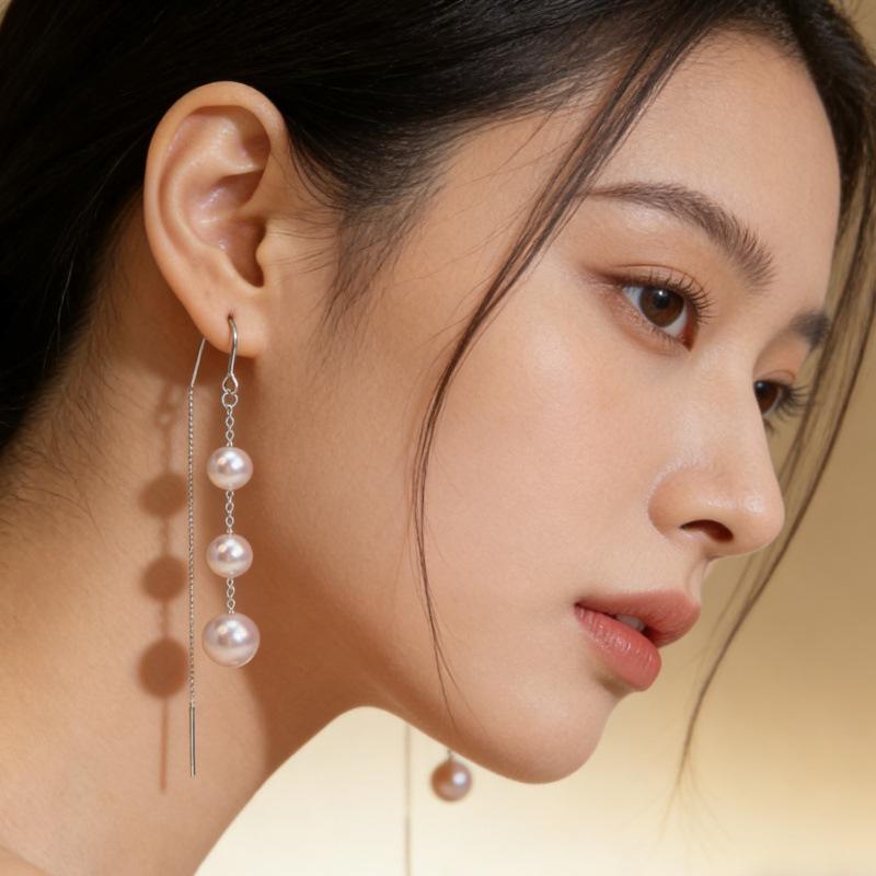 Cross S925 Sterling Silver Long Tassel U-Shaped Pearl Earrings - Fashionable Ear Accessories 925 Sterling Silver