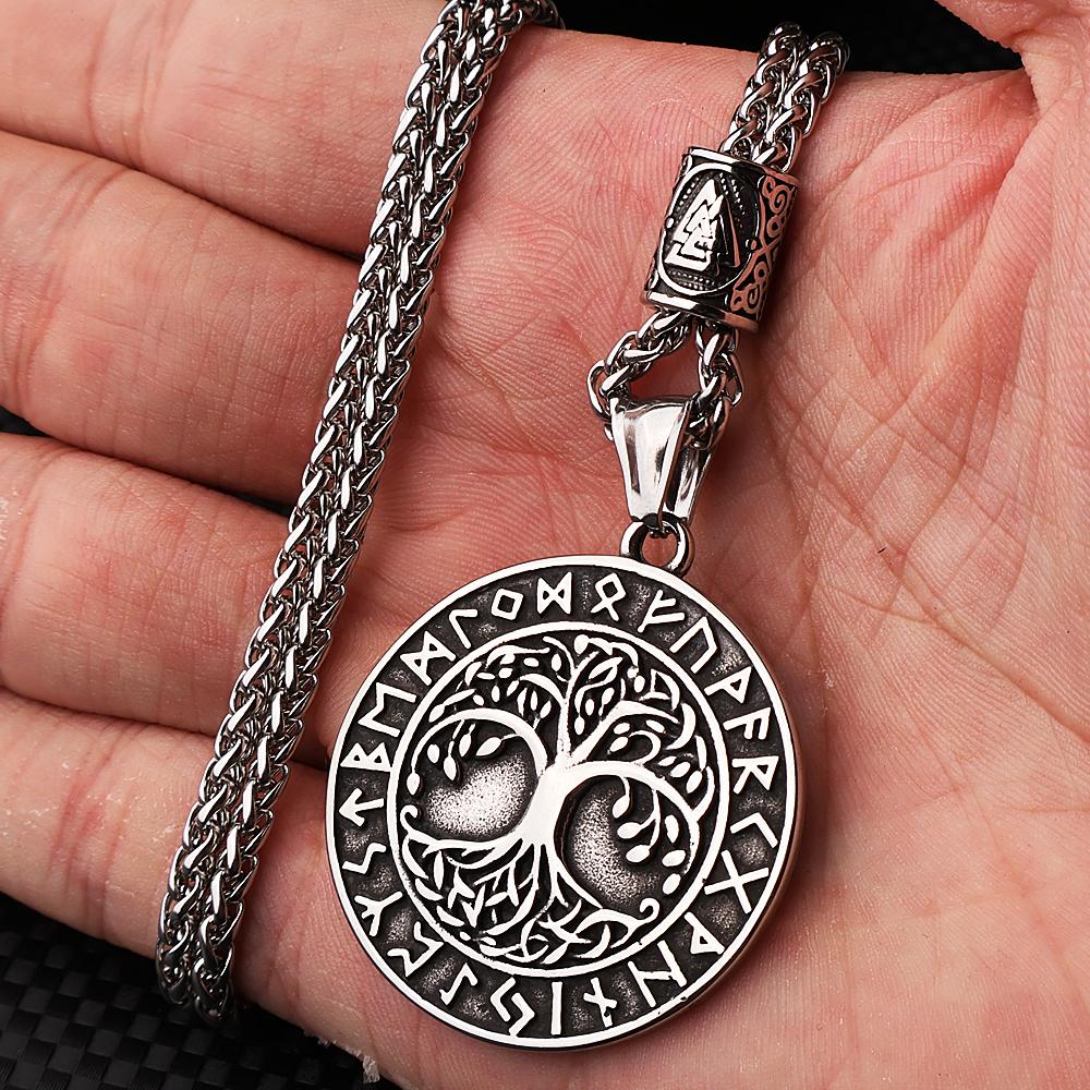 Norse Mythology Yggdrasil Viking Tree of Life Necklace Men Stainless Steel Viking Rune Pendant Necklace Jewelry