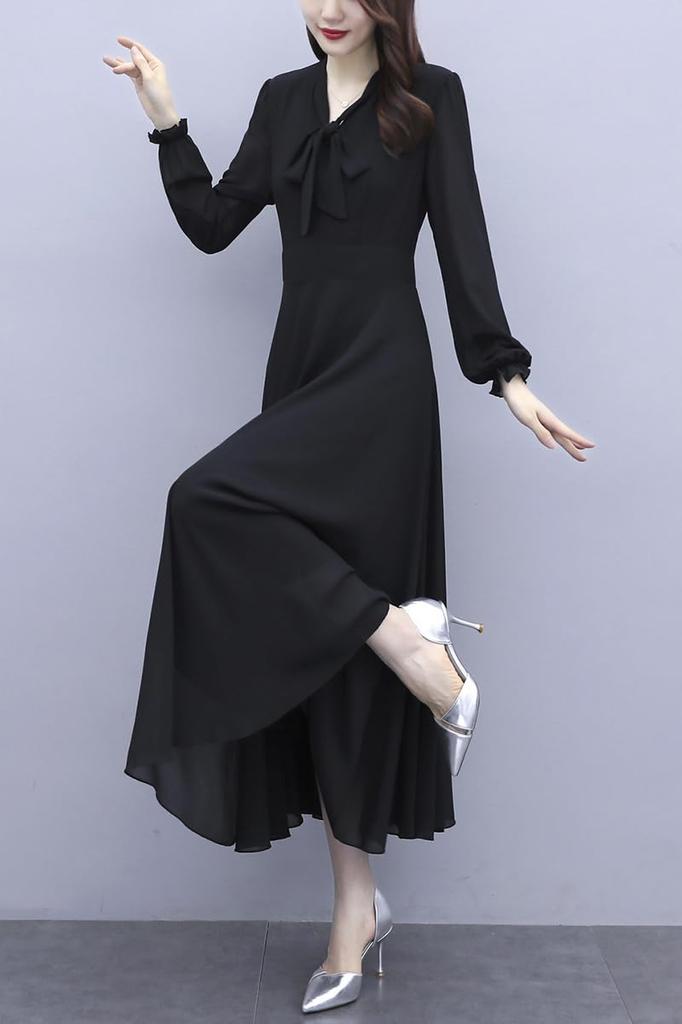 Long Chiffon Long Commuting [Chubikime] Dress, Sleeve, Women's, Spring, Summer, Autumn, A-Line, Simple, Solid, Ribbon, V-Neck, Elegant, Slimming,