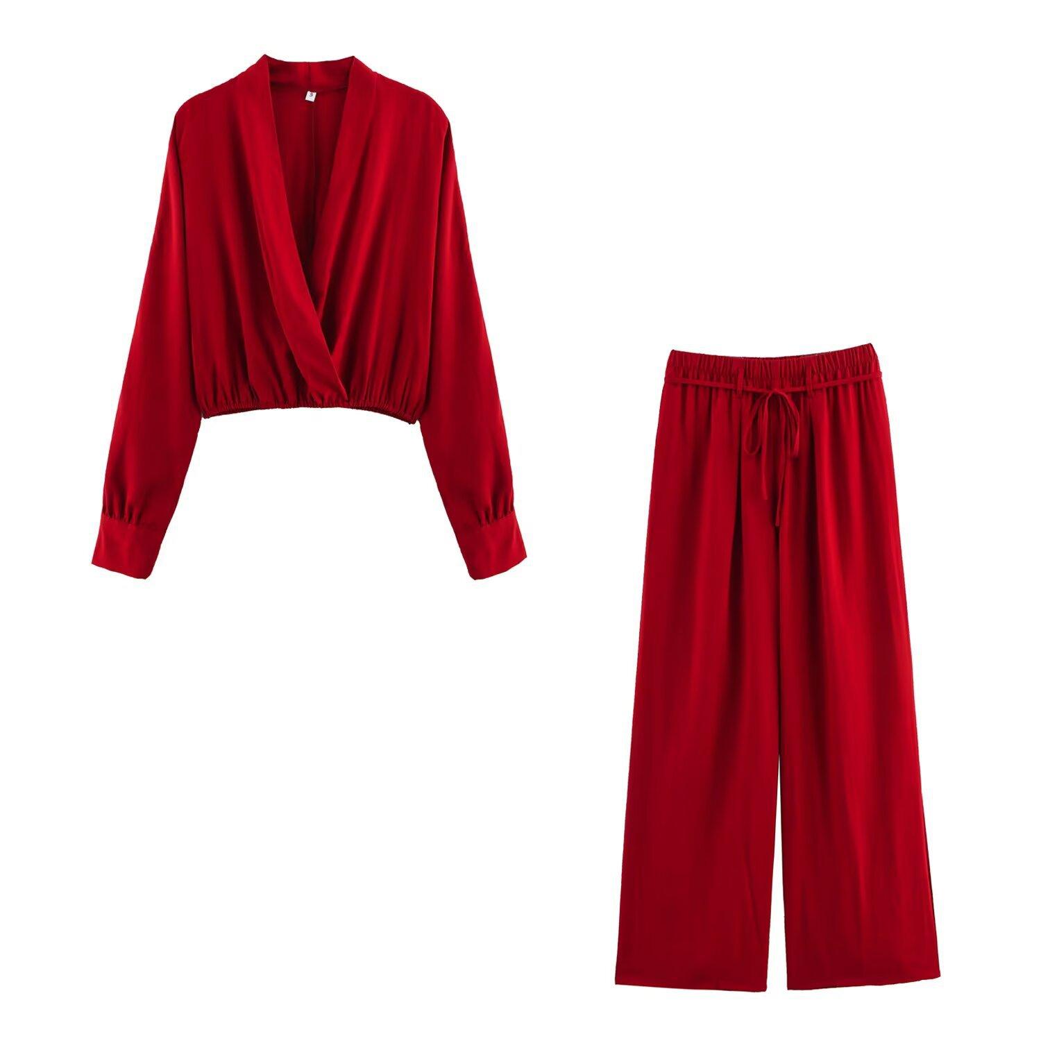 European and American style new women s fashionable waist-cinching linen shirt wide-leg pants casual set S
