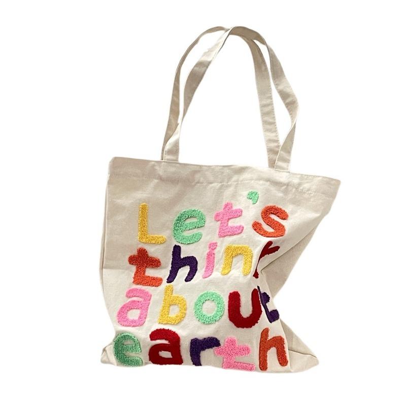 Colored Letter Embroidery Lazy Art Canvas Bag Commuter Versatile Large Capacity Student Shoulder Bag