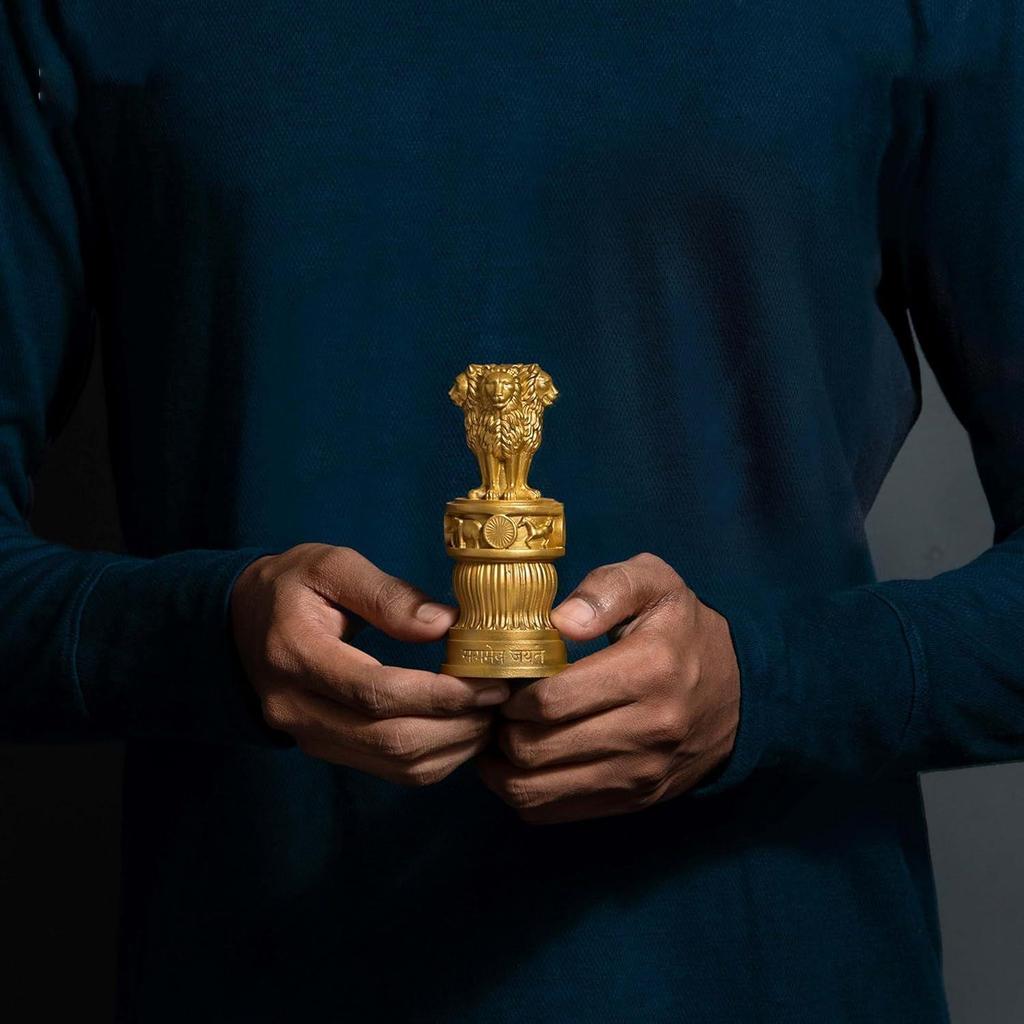 Ashoka Pillar Sculpture - 5 Inch, Gold Finish - Handmade Indian Heritage Art