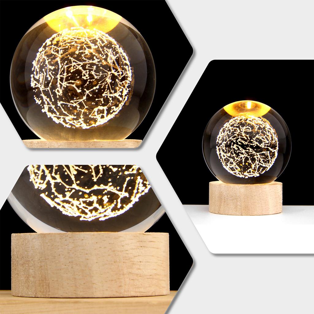 3D Crystal Ball with Warm Light Wooden Base Small Night Light Desktop Decoration Ornaments Holiday