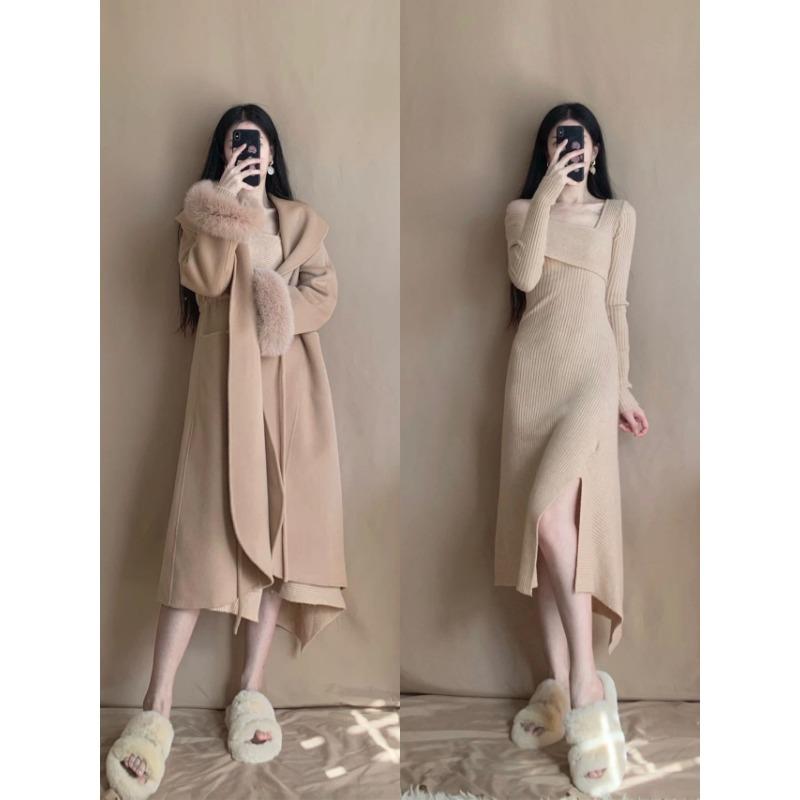 Off-the-shoulder knitted dress, women's autumn temperament, slim-fitting base, split fork with coat, long sweater skirt