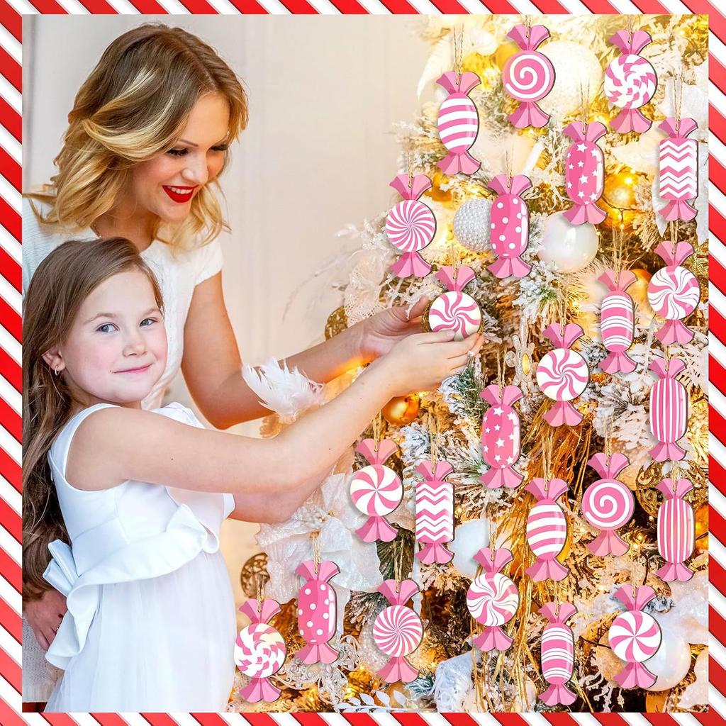 Pink Christmas Decor, Candy-Themed Ornaments, Pink and White Candy, Wooden Tree Decor, Hanging Decorations, Party Gift