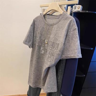 Gray Tie-dye Sequined Embroidered Short-sleeved T-shirt Women's Summer Relaxation Medium and Long Butt-covering Bottoming Top