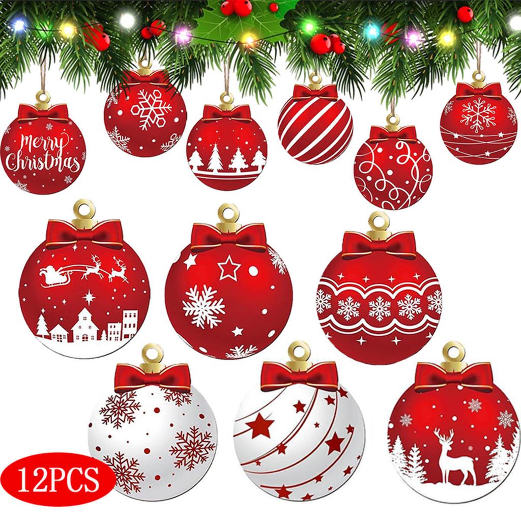 12Pcs Christmas Gift Decoration Wooden Xmas Ball Pendant Christmas Tree Hanging Home Room Decor Outdoor Accessories