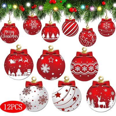12 Stück Holz Weihnachtskugel Anhänger Weihnachtsgeschenk Dekoration Weihnachtsbaum Hängend Heim Zimmerdekor Outdoor Zubehör für Feiertagsdekoration