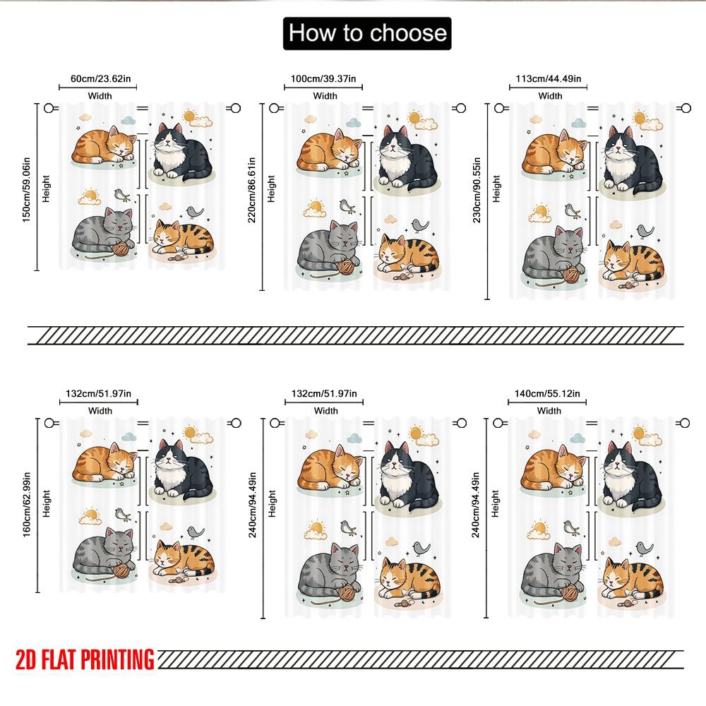 Set Of 2 Flat Printing Curtain Cute Cat Illustration Digital Printed Polyester Drapes All Season Party Holiday Decor