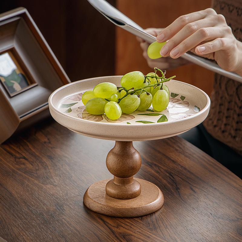 BRWooden Pallet High-sided Cake Plate Porcelain Plate Pink Flowers Fruit Tray Retro Desktop Storage Tray  Kitchen OrganizerEY