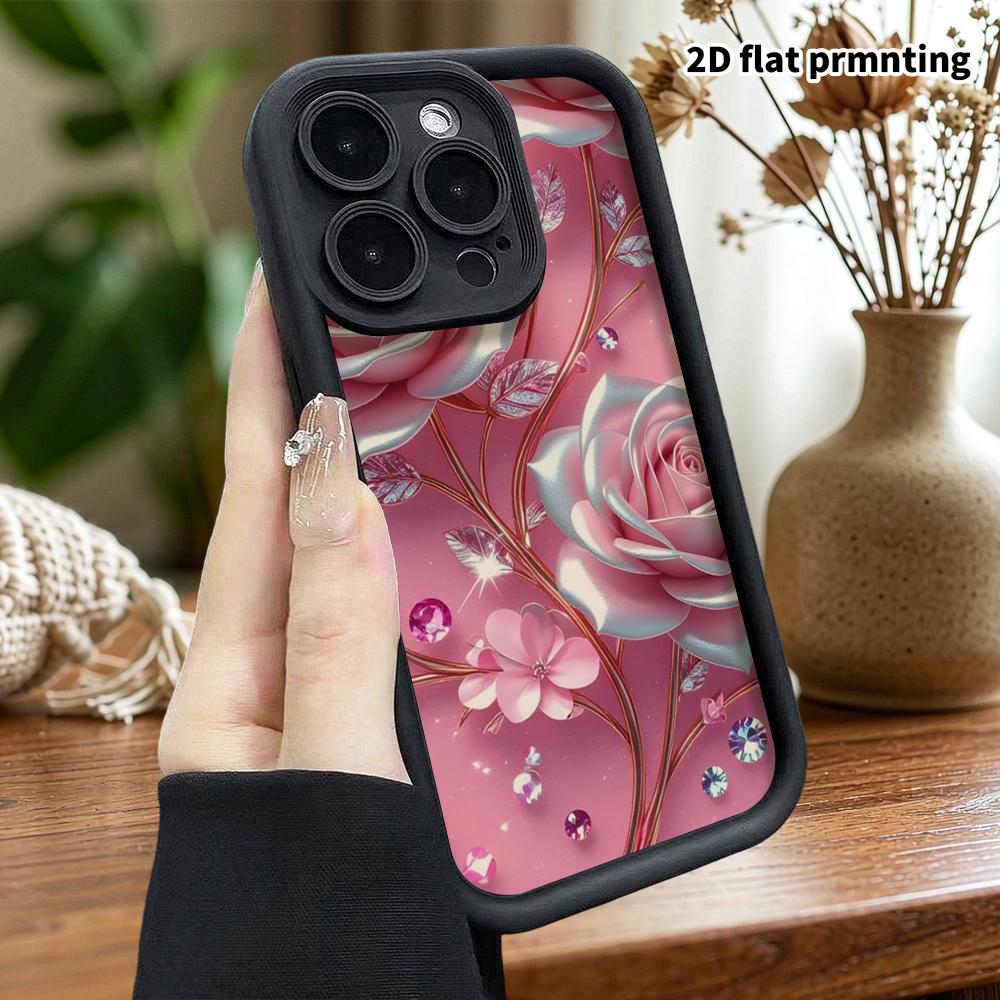 Phone Case: 2D Flat Design Suitable for iPhone 18 17 16 15 14 13 Pro Stepped Protective Case, Pink Silver Rose, Christmas and Halloween Gift