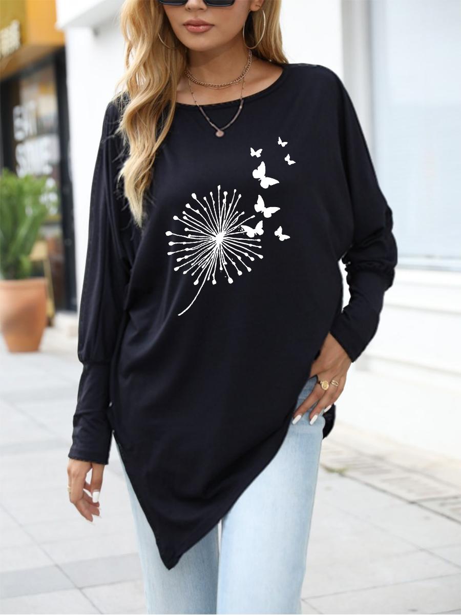 

Female Fashion Printed Logn Sleeve Top Women s Oversize Long-Sleeve Spring/Fall Asymmetrical Hem T-Shirt S