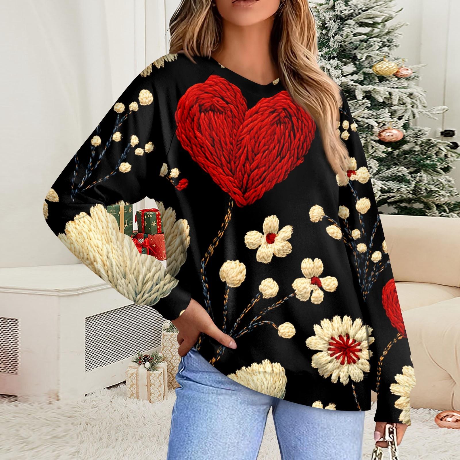 

Женская повседневная мода комфорт с манжетой V-образным вырезом с принтом ко Дню святого Валентина пуловер с капюшоном S чёрный