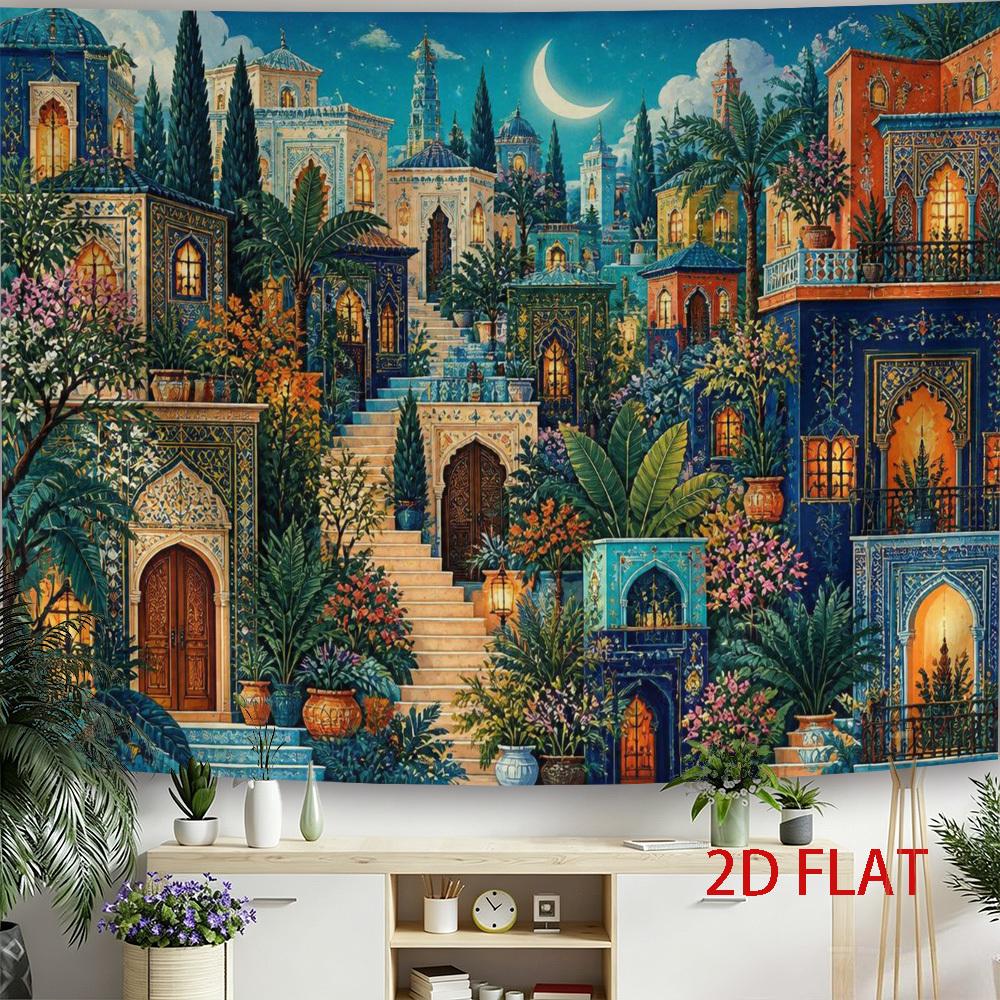 2D Flat, 2D Flat Print 1pc Tapestry Moonlit Arabian Nights Staircase Tapestry, Dreamy Night Scene Wall Hanging Halloween Wall Hanging for Living Room