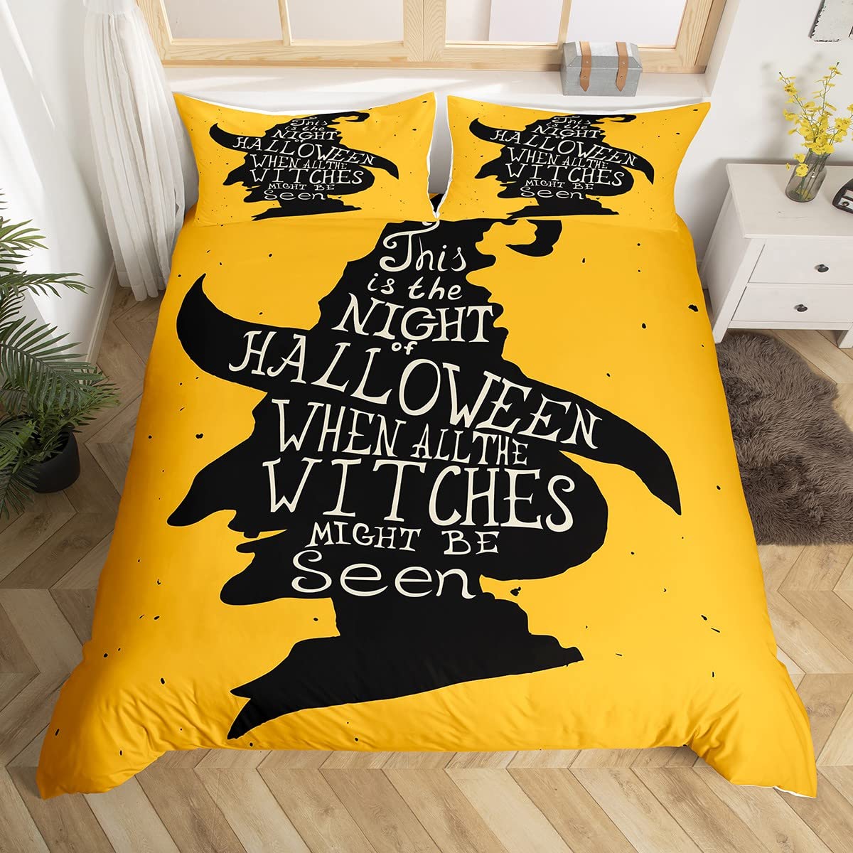 Grosstor Unisex Black Halloween Gothic Cat King Queen Duvet Cover Glitter Moon Bedding Set Horror Spooky Quilt Cover Polyester Comforter Cover
