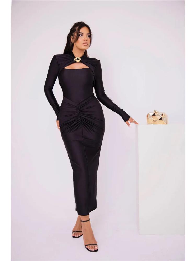 Hollow Out Long Sleeve Sexy Maxi Dress For Women Gown Autumn Winter New Metal Buckle Ruched Slit Long Dress Elegant