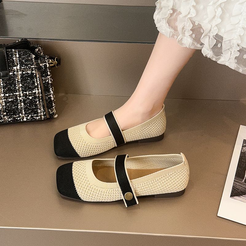 Modieuze Retro Vierkante Neus Mary Jane Schoenen voor Dames Zomer Splicing Kleur Dames Flats 2025 Sociaal Lage Prijs Mode 39 Elegante Jurk Schoen