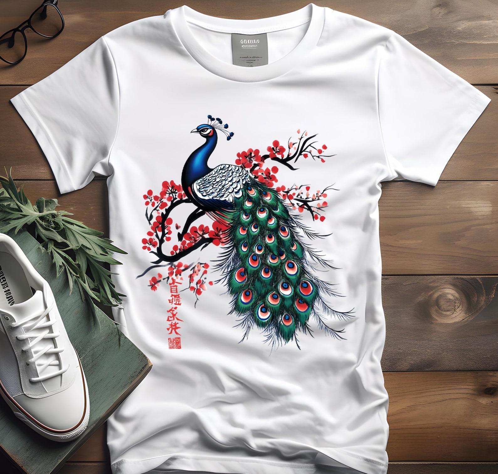 Royal Blue Peacock Print T-Shirt: Bird Lover Gift XL