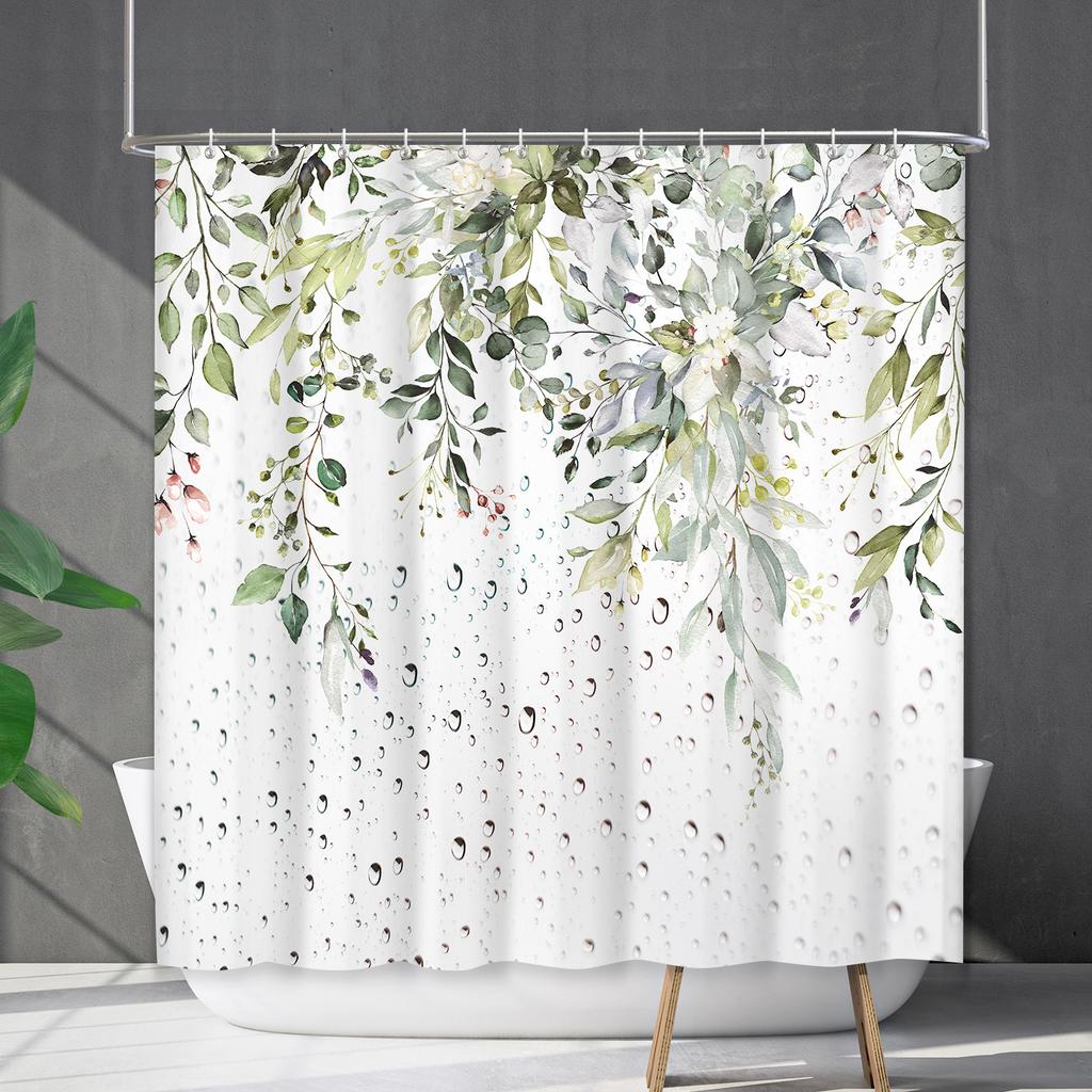 Bathroom Curtain Waterproof Shower Curtain Digital Printing Water Droplets Plant Diffuse Non-Punching Toilet Partition Curtain Shower Cloth