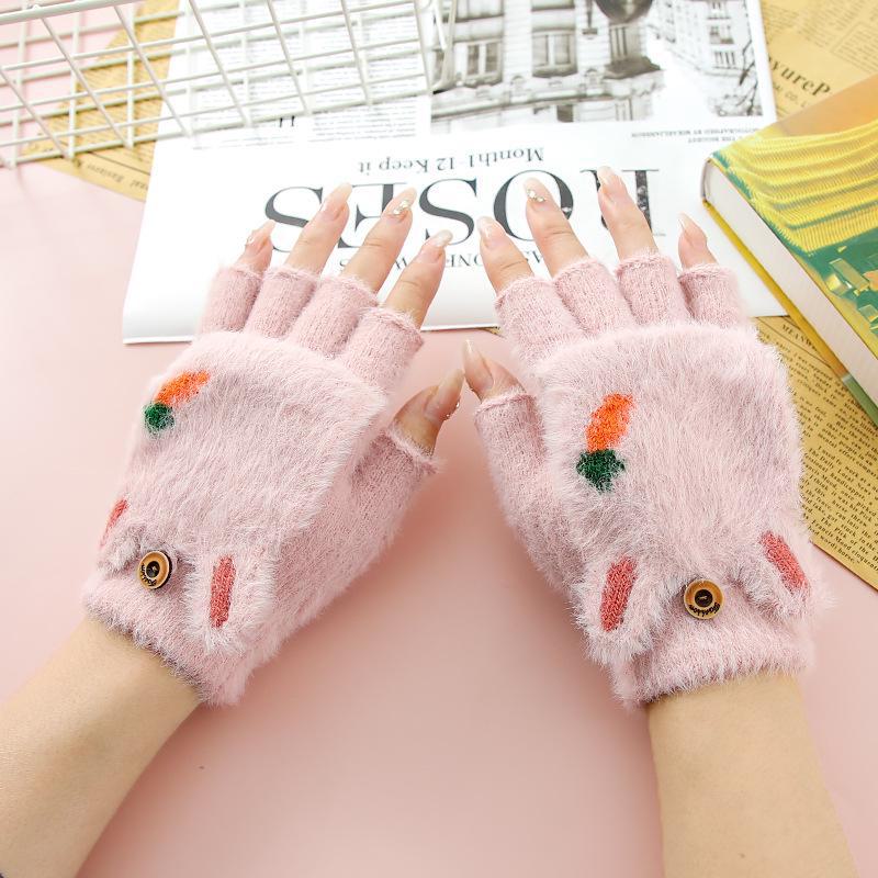 Girls' Cartoon Carrot Flip-Open Plush Gloves - Half-Finger, Thick, Warm for Autumn/Winter