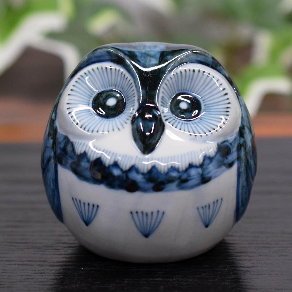 Waza no Kura Stylish Owl Figurine, Kutani Ware, Owl with Jade Design, Blue and White Porcelain, Lucky Charm, High-End Brand Interior Decor Object, Per