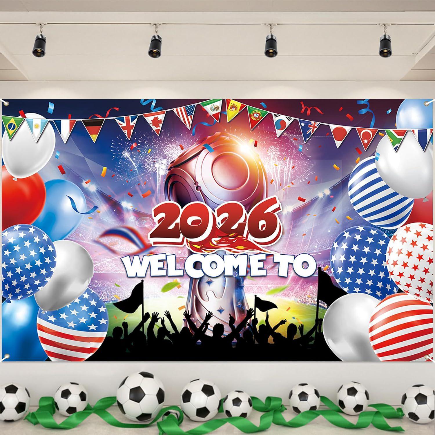 QZB2655 Чемпионат мира по футболу 2026 США-Канада-Мексика Флаг Декор Баннер 180x110cm with black ribbon