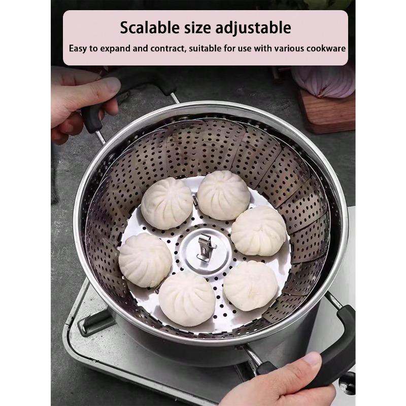 Adjustable Stainless Steel Steaming Rack - 3-Size Foldable Multi-Functional Steamer for Buns, Dim Sum & Fruits (Dishwasher Safe)