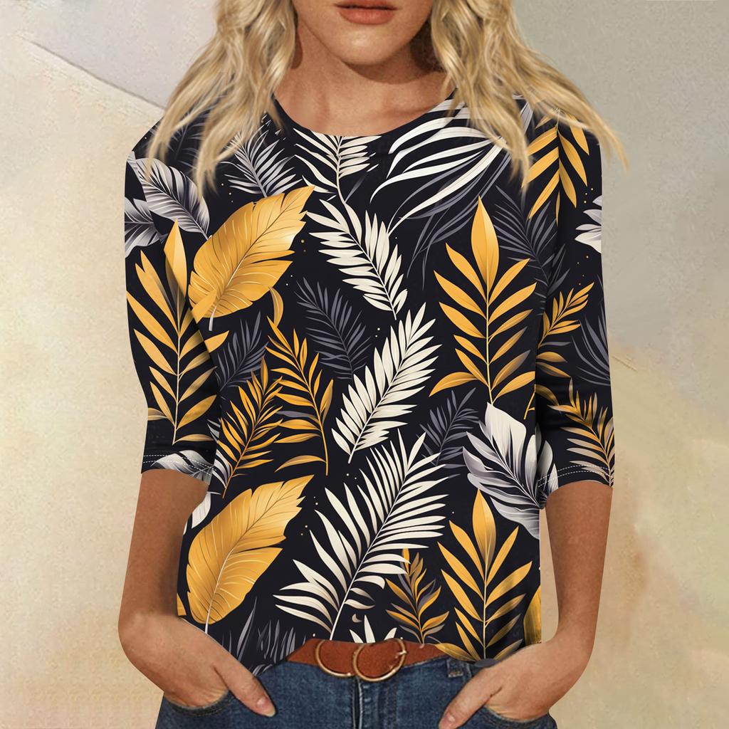 Módní vintage top s 3/4 rukávem pro ženy, dámská ležérní halenka s tříčtvrtečním rukávem a kulatým výstřihem s potiskem