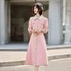 2025 Spring Women's Color Block Long Dress with Belt and Turn-Down Collar
