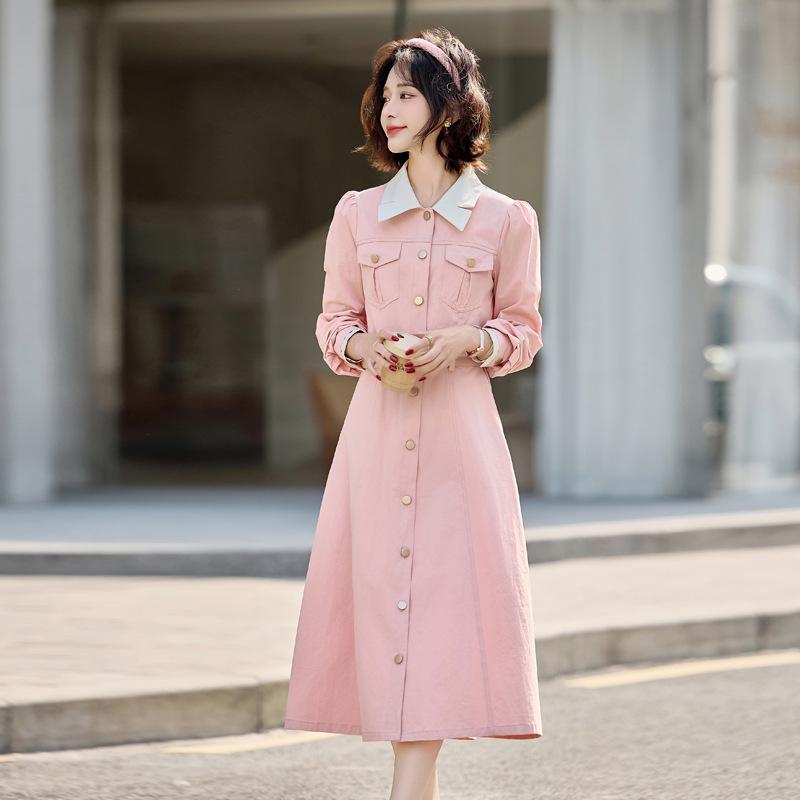 2025 Spring Women's Color Block Long Dress with Belt and Turn-Down Collar