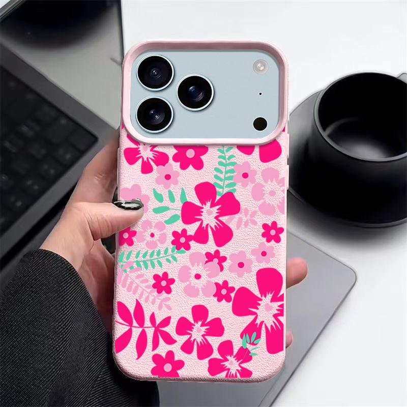 Vibrant Magenta Floral Design Flexible & Durable Shockproof Soft TPU Leather Texture Cover Case for iPhone 17 Pro Max Air 16e 16 15 14 13
