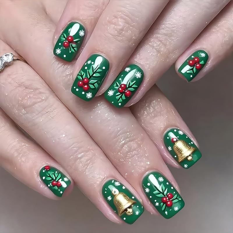 Christmas Press On Nails Medium Square Fake Nails with Gold Snowflake Christmas Tree Designs Xmas Red False Nail Acrylic Winter Snow Stick On Nail