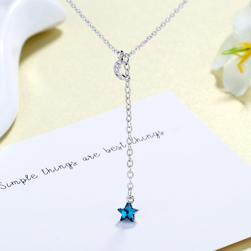 Personality Clavicle Chain Tassel Pendant  Sterling Silver Blue Star Moon Choker Neck Chain Necklace for Women  Kolye