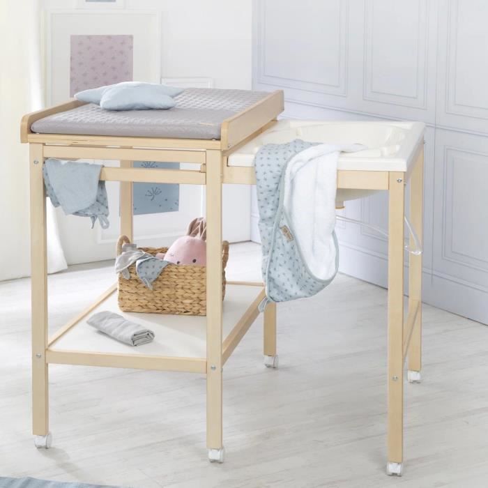 Table à langer avec baignoire coulissante - ROBA - Inclus matelas depérlant Roba style Gris - Tablette de rangement - Bois Naturel