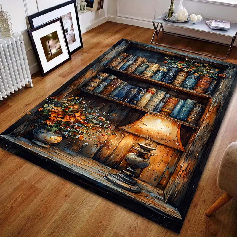 1 Stück Bücherregal Ölgemälde Stil Druck Teppich für Schlafzimmer Wohnzimmer Bettseite Sofa Bodenmatte Moderne Heimdekoration Bereichsteppich