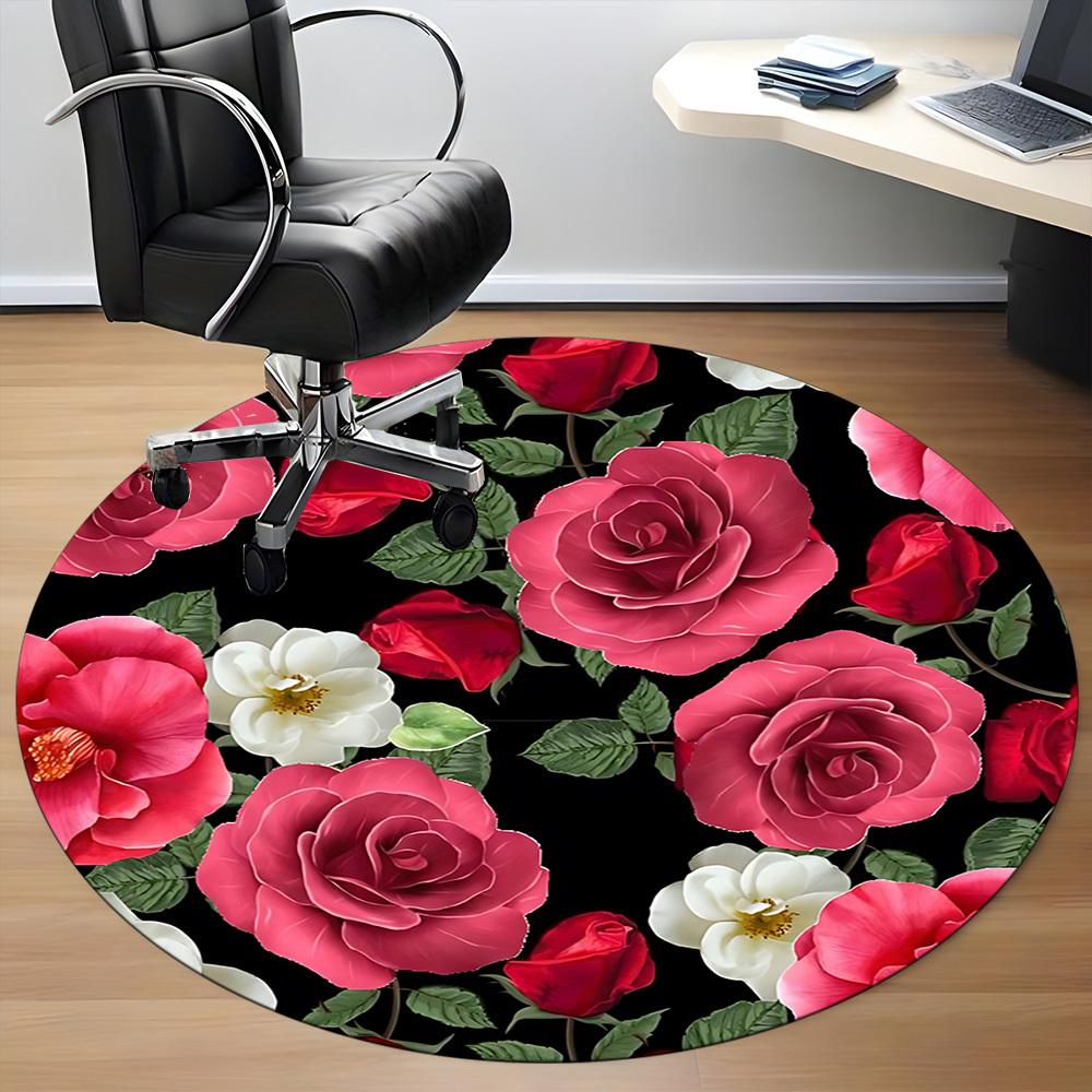 1pc Rose Floral Pattern Chair Carpet for Office, Round Non Slip Durable Large Size Office Carpet, Suitable for Office