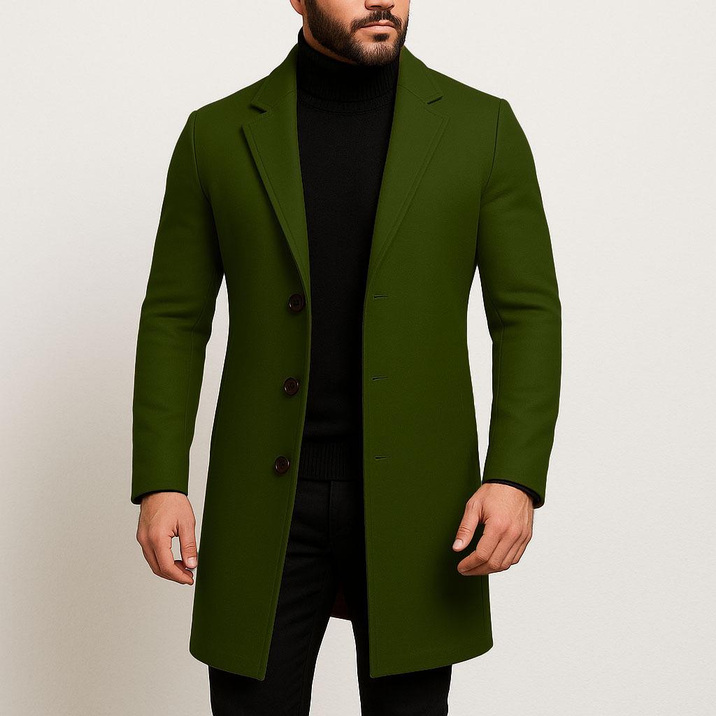 2024 Men's Solid Color Single-Breasted Wool Trench Coat