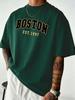 Men's Summer 100% Pure Cotton Fashionable Casual Sports Loose Boston Letter Print Round Neck Short Sleeved T-shirt Versatile Top
