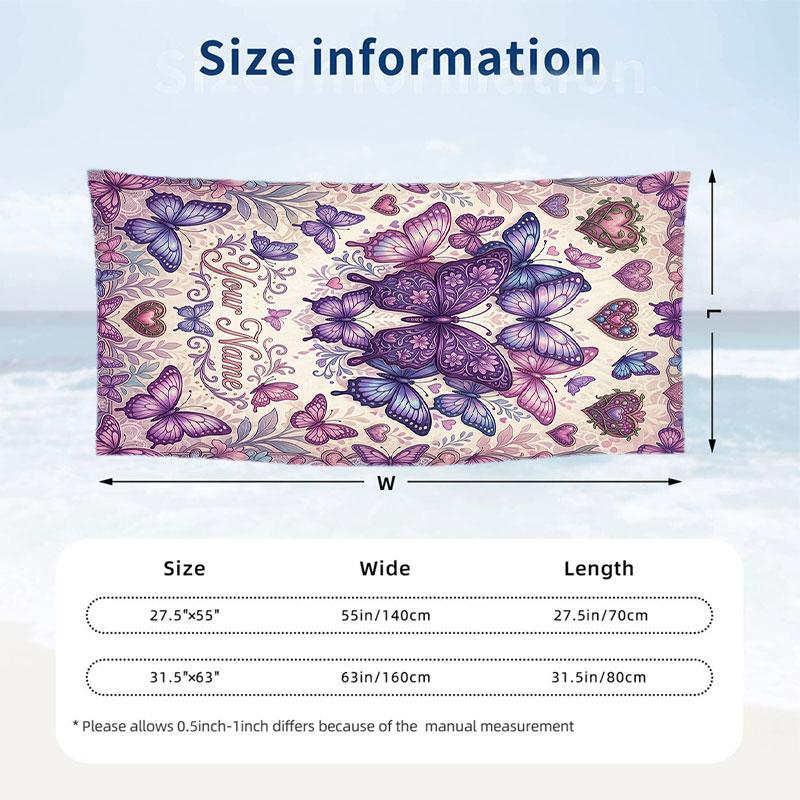 Butterfly Theme Beach Towel Personalized Custom Name & Text Soft Quick Dry Beach Towel for Swimming Travel