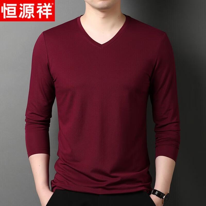 Hengyuanxiang Men's Silk Blend V-Neck Long-Sleeve T-Shirt