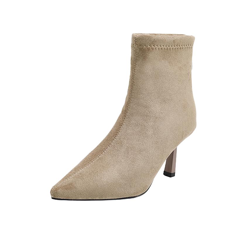 French Suede Pointed Toe Skinny Heel Stretch Skinny Booties Women's Autumn and Winter Outside Wear All-match High Heels