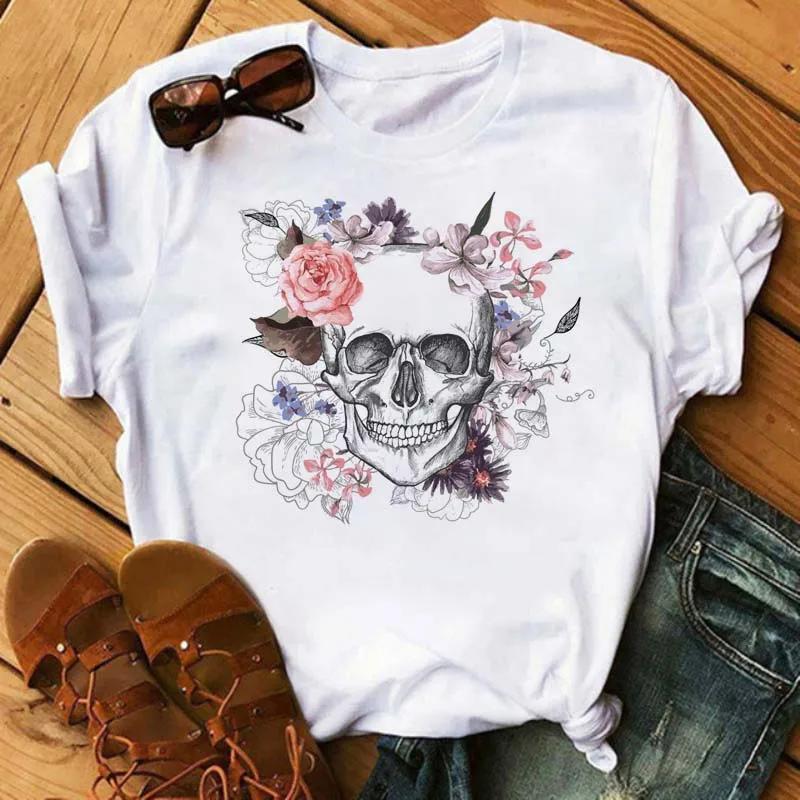 Fashion Leopard Skull Printed Women T-shirt Summer Loose Black Female T-shirt Casual Round Neck Harajuku Tops Woman Clothes